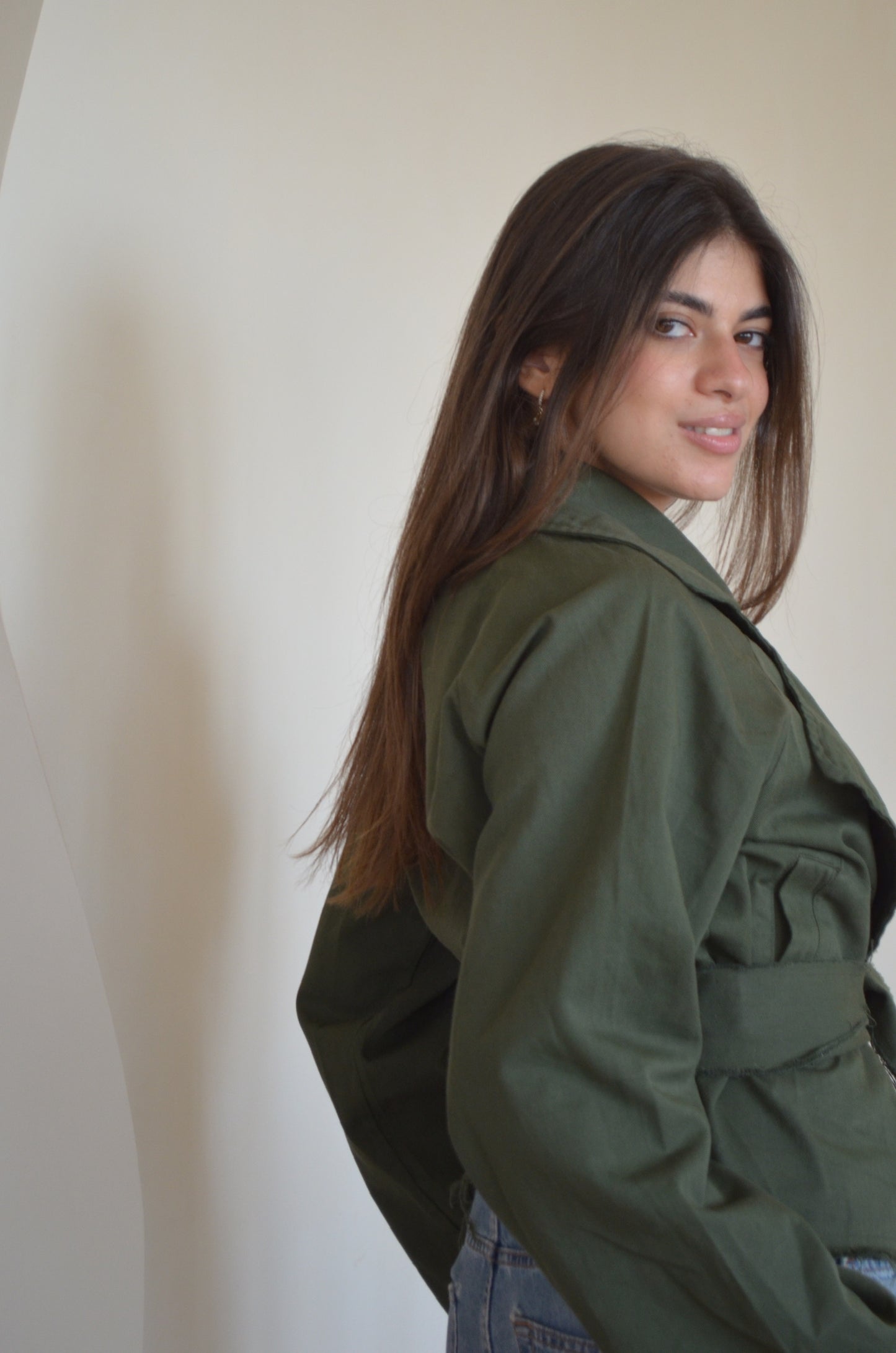 Ella Trench Cropped Jacket in OLIVE