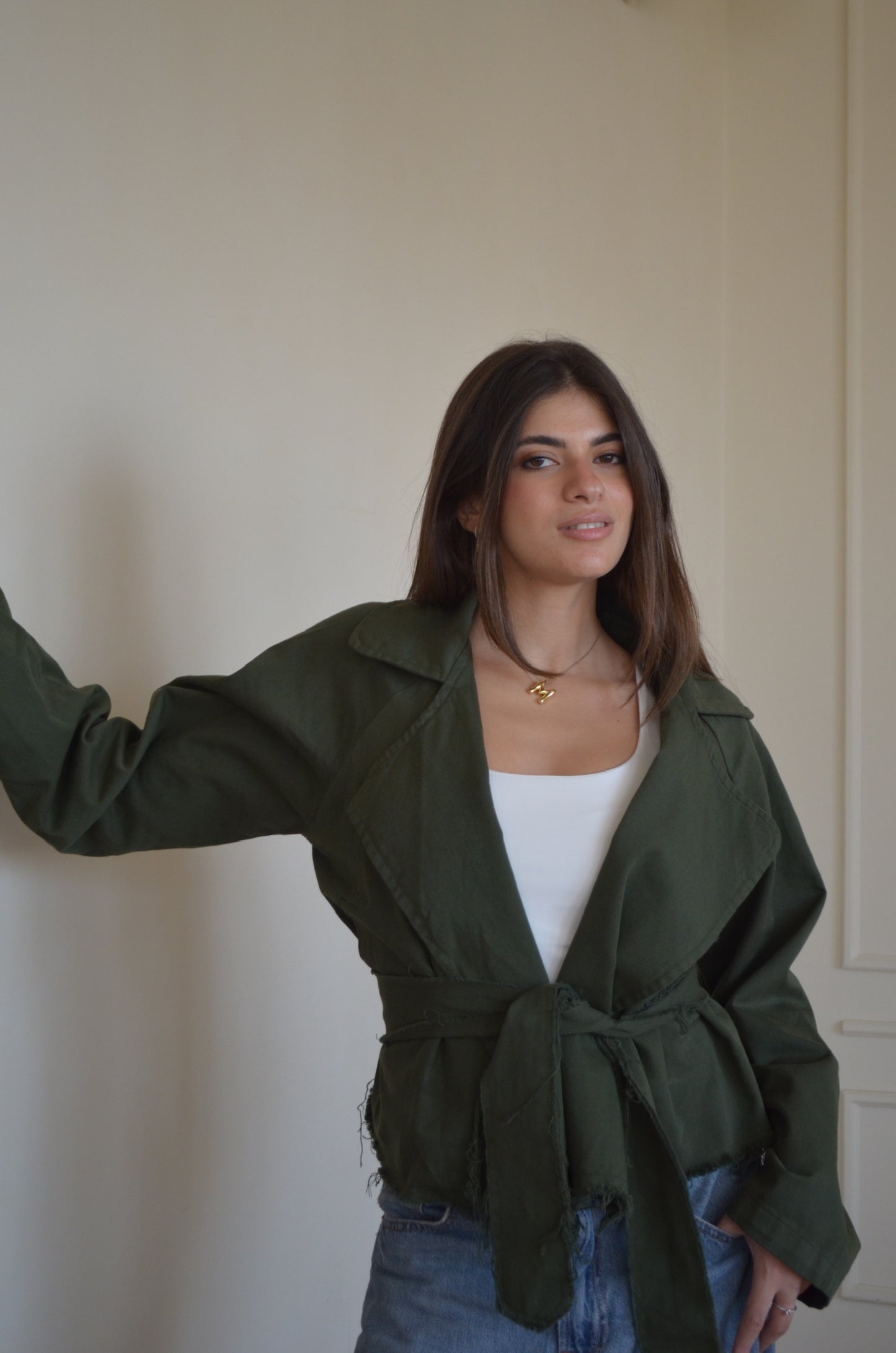 Ella Trench Cropped Jacket in OLIVE