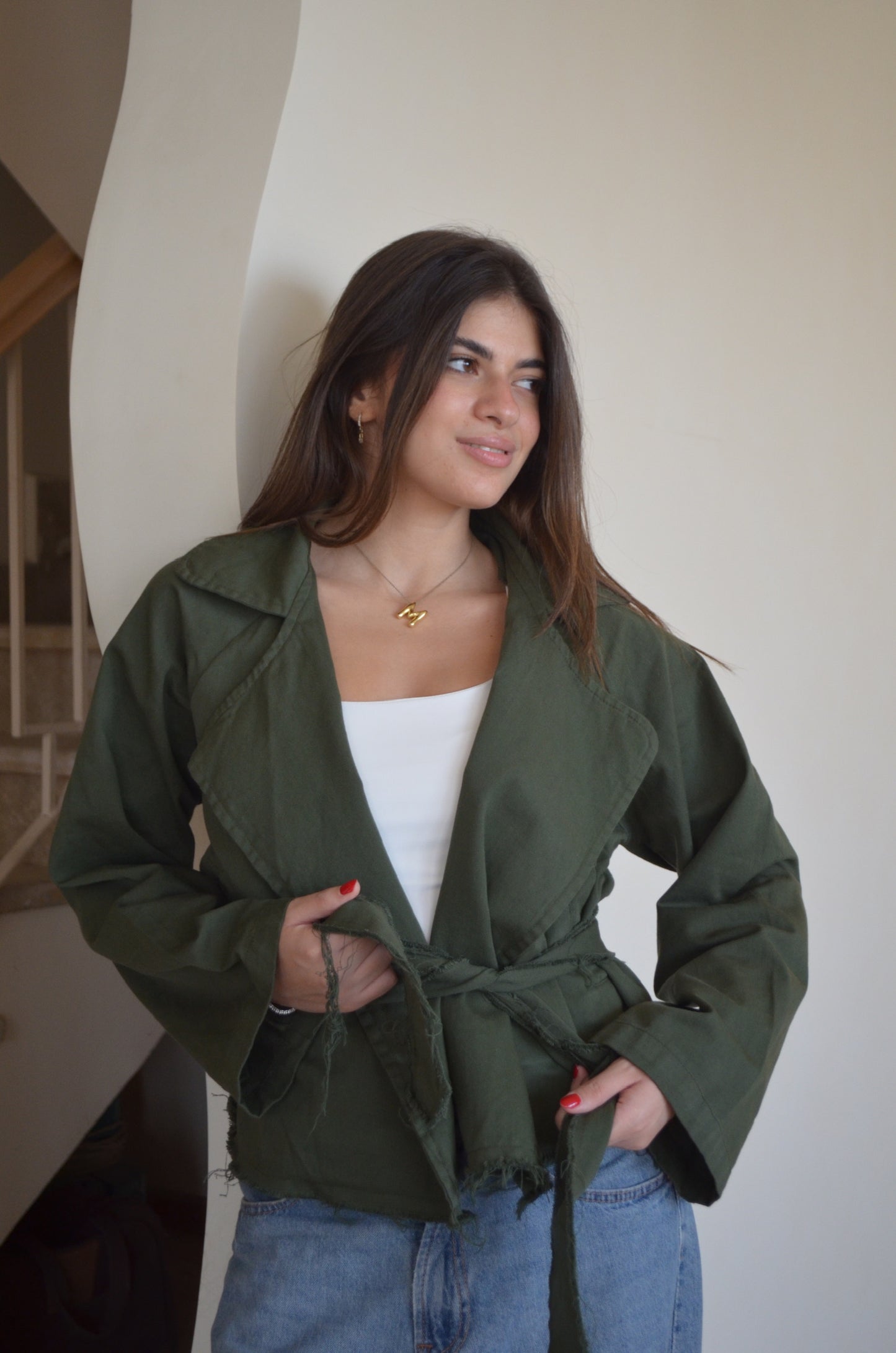 Ella Trench Cropped Jacket in OLIVE